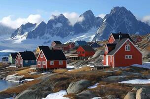 ai gegenereerd Groenlands dorp met besneeuwd bergen foto