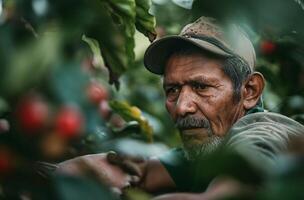 ai gegenereerd koffie boer inspecteren planten foto