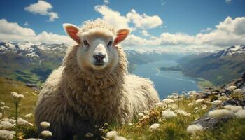 ai gegenereerd schattig lam begrazing Aan groen weide, omringd door majestueus bergen gegenereerd door ai foto