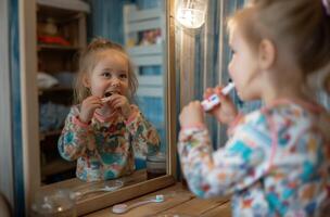 ai gegenereerd weinig meisje poetsen tanden Bij spiegel foto