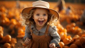 ai gegenereerd glimlachen kind houdt pompoen, genieten van herfst vrolijk natuur en oogst gegenereerd door ai foto