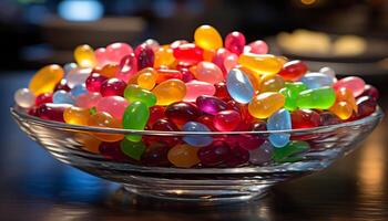 ai gegenereerd een groot groep van kleurrijk snoepgoed Aan een levendig tafel gegenereerd door ai foto