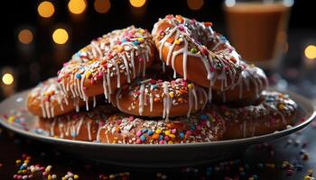 ai gegenereerd stack van eigengemaakt donker chocola donuts, een zoet verjaardag vreugde gegenereerd door ai foto