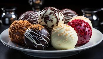 ai gegenereerd fijnproever toetje bord chocola truffel, donker eigengemaakt koekje, framboos donut gegenereerd door ai foto