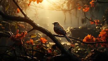 ai gegenereerd een vogel neerstrijken Aan een tak, omringd door levendig herfst gegenereerd door ai foto