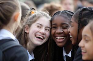 ai gegenereerd school- vrienden lachend foto