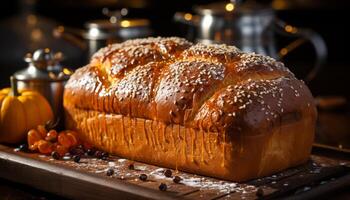 ai gegenereerd vers gebakken eigengemaakt pompoen brood Aan rustiek houten tafel binnenshuis gegenereerd door ai foto