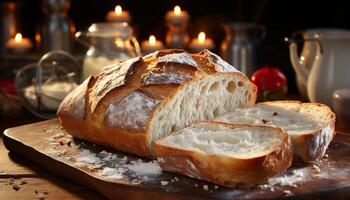 ai gegenereerd vers gebakken brood Aan een rustiek houten tafel, klaar naar eten gegenereerd door ai foto