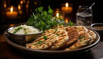 ai gegenereerd versheid Aan bord fijnproever voorafje, gezond aan het eten binnenshuis, eigengemaakt rustiek pannenkoek gegenereerd door ai foto