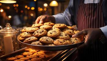 ai gegenereerd een eigengemaakt chocola spaander koekje, gebakken met liefde en toegeeflijkheid gegenereerd door ai foto