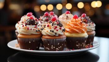 ai gegenereerd toegeeflijk fijnproever cupcakes, zoet viering van eigengemaakt chocola goedheid gegenereerd door ai foto