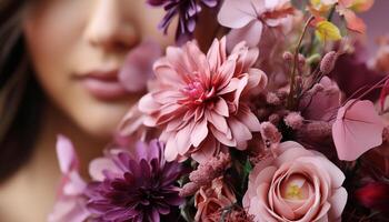 ai gegenereerd jong volwassen vrouw Holding een boeket van vers, kleurrijk bloemen gegenereerd door ai foto