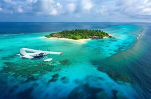 ai gegenereerd watervliegtuig over- Maldivisch eiland foto