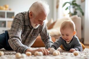 ai gegenereerd opa en kleuter met houten speelgoed foto