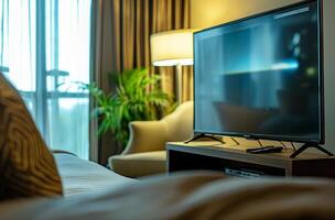 ai gegenereerd modern hotel kamer met televisie foto