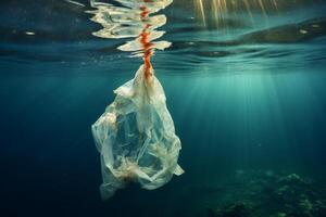 ai gegenereerd plastic zak oceaan ecologie afval. genereren ai foto