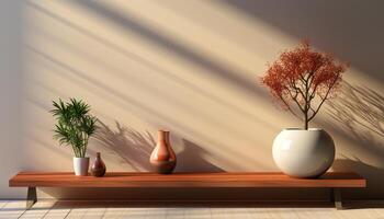 ai gegenereerd modern huis interieur met houten tafel, plant, en vaas decoratie gegenereerd door ai foto