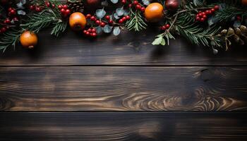 ai gegenereerd rustiek hout tafel kaders natuur ornament in winter viering gegenereerd door ai foto