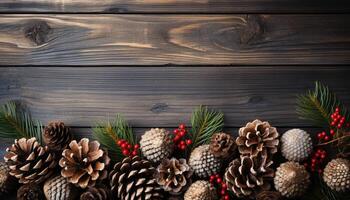 ai gegenereerd rustiek hout plank backdrop kaders groenblijvend Kerstmis boom viering gegenereerd door ai foto