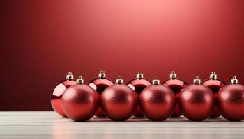 ai gegenereerd glimmend Kerstmis ornamenten in een rij, gloeiend met levendig kleuren gegenereerd door ai foto