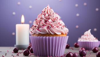 ai gegenereerd eigengemaakt koekje met roze glazuur, chocola decoratie, en kaars gegenereerd door ai foto