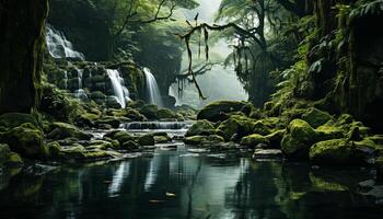 ai gegenereerd rustig tafereel nat steen, vloeiende water, groen Woud, herfst bladeren gegenereerd door ai foto