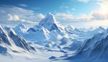ai gegenereerd majestueus berg piek, blauw lucht, rustig tafereel, natuur schoonheid gegenereerd door ai foto