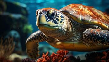 ai gegenereerd dichtbij omhoog van een mooi groen zee schildpad zwemmen onderwater- gegenereerd door ai foto