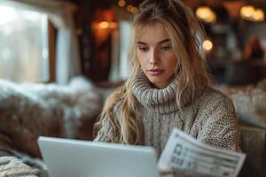 ai gegenereerd Europese vrouw pays rekeningen online via laptop foto