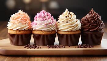 ai gegenereerd vers gebakken chocola spaander muffin Aan een houten tafel gegenereerd door ai foto