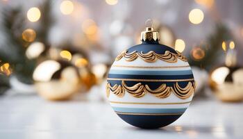 ai gegenereerd Kerstmis decoratie levendig, gloeiend, goud bal Aan een blauw achtergrond gegenereerd door ai foto