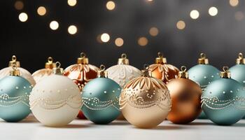 ai gegenereerd Kerstmis ornament decoratie in een rij, gloeiend goud bollen gegenereerd door ai foto