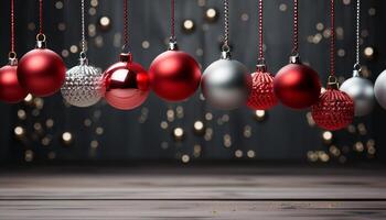 ai gegenereerd winter viering helder, glimmend ornamenten verlichten de Kerstmis boom gegenereerd door ai foto