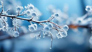 ai gegenereerd versheid van winter blauw tak, dichtbij omhoog van ijs Aan blad gegenereerd door ai foto