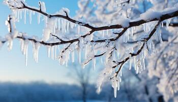 ai gegenereerd winter schoonheid sneeuw gedekt boom takken in een ijzig Woud gegenereerd door ai foto