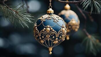 ai gegenereerd winter viering goud ornament hangende Aan Kerstmis boom Afdeling gegenereerd door ai foto