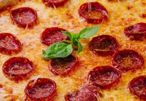 peperoni pizza met basilicum en Parmezaanse kaas kaas detailopname foto