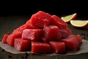 ai gegenereerd vers tonijn sashimi stukken met citroen en peperkorrels. foto