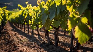 ai gegenereerd levendig wijngaarden rijen van wijnstokken genieten in zonlicht foto