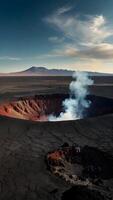 ai gegenereerd vulkanisch zich afvragen roken krater tegen dor landschap foto