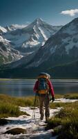 ai gegenereerd episch exploratie avonturiers trekking aan de overkant ongetemd wildernis foto