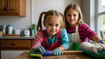 ai gegenereerd moeders weinig helpers kinderen assisteren met huishouden klusjes foto