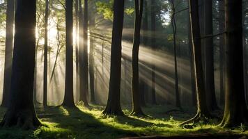 ai gegenereerd zonlicht schijnend door bomen in een Woud foto