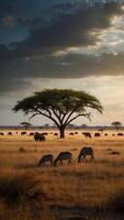 ai gegenereerd savanne safari dieren in het wild begrazing aan de overkant enorm Afrikaanse vlaktes foto