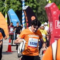 nieuw Delhi, Indië - oktober 15 2023 - vedanta Delhi voor de helft marathon ras na covid in welke marathon deelnemers over naar kruis de af hebben lijn, Delhi voor de helft marathon 2023 foto