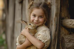 ai gegenereerd een jong meisje Holding een konijn. generatief ai foto