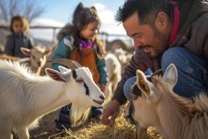 ai gegenereerd Mens, kinderen en sommige geiten Aan een boerderij. generatief ai foto