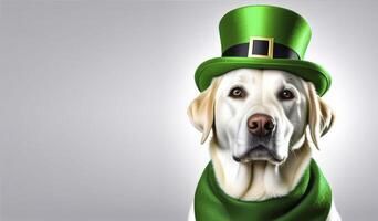 ai gegenereerd banier een goud retriever hond in st. Patrick dag hoed zit Aan een grijs achtergrond foto