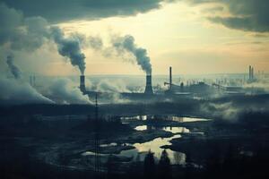 ai gegenereerd industrieel landschap -rook pijpen van fabriek vervuilend de lucht. generatief ai foto