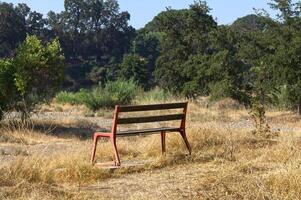 metaal en hout bank Aan wandelen spoor in park Californië foto